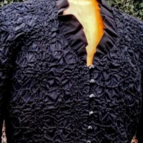 Go SILK Black Ruffle-Sleeve Gathered Poplin jacket or blouse szM - Picture 2 of 6